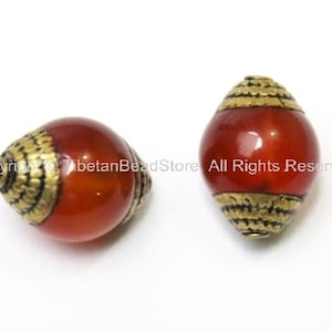2 BEADS - Tibetan Carnelian Beads with Brass Caps - Ethnic Handmade Tibetan Beads - B1409-2