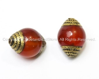 2 BEADS - Tibetan Carnelian Beads with Brass Caps - Ethnic Handmade Tibetan Beads - B1409-2