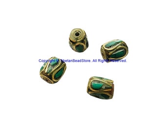 4 BEADS Tibetan Barrel Shape Beads with Brass, Turquoise Inlays - Ethnic Nepal Tibetan Beads - B3521-4