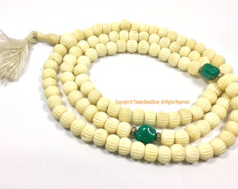 Tibetan Mala Prayer Beads with Turquoise Spacers - 108 Carved  10mm Beads Meditation Prayer Beads Hand Carved Beads - PB203