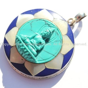 92.5 Sterling Silver & Hand Carved Turquoise Green Resin Buddha Pendant in Hand Carved Shell Pearl and Lapis Inlaid Lotus - SS96