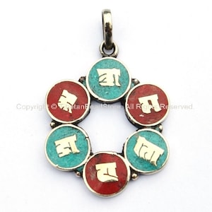 Tibetan Om Mani Mantra Ring Pendant with Turquoise & Coral Inlays - Om Aum Ohm - Ethnic Nepal Tibetan Jewelry - WM2386