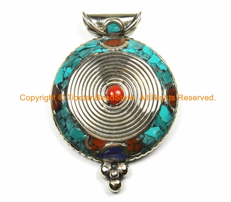 TibetanBeadStore Mosaic Inlay Tibetan Pendant Jewelry WM7148 Lapis /& Coral Inlays Ethnic Nepal Tibetan Spiral Pendant with Turquoise