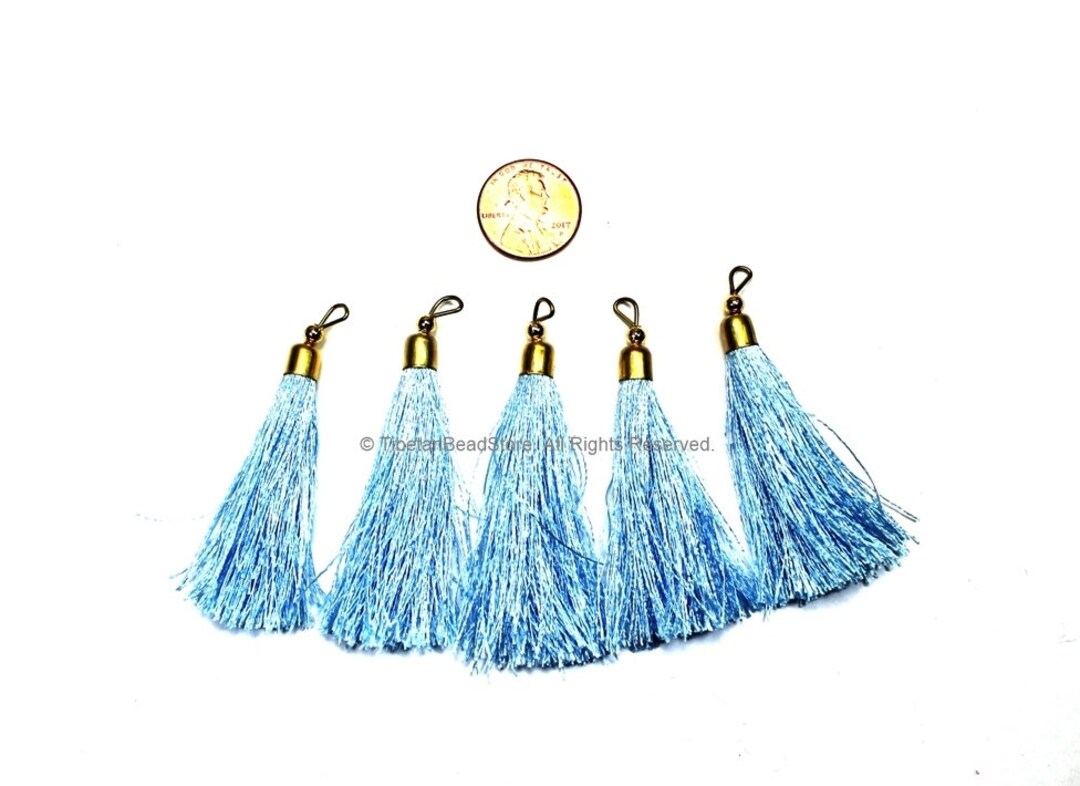 2 TASSELS Light Blue Tassels With Gold Toned Brass Cap Quality Boho