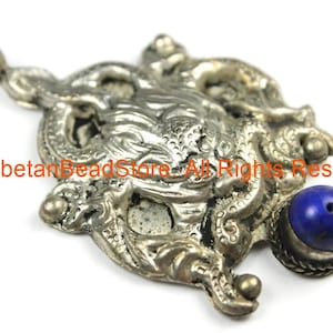 Ethnic Tribal Antique Look Repousse Tibetan Dragon Pendant with Lapis Inlay - TibetanBeadStore - Handmade - Unisex Jewelry - WM7220