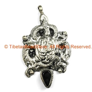 Ethnic Tribal Antique Look Repousse Tibetan Dragon Pendant with Onyx Inlay - TibetanBeadStore - Handmade - Unisex Jewelry - WM7216