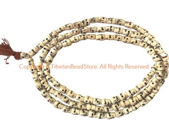 9-10 mm 緑色の牛骨チベット数珠、ターコイズ、サンゴ、金属インレイ