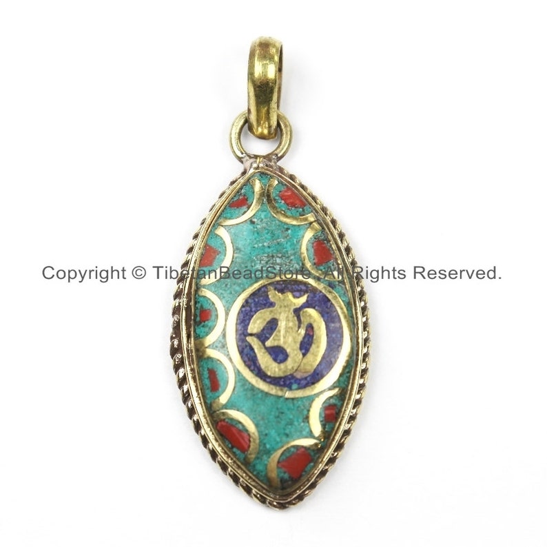 Nepal Tibetan OM Mantra Pendant with Brass Turquoise Coral Inlay Om Pendant Nepal Pendant Tibetan Pendant Tibet Pendant WM5916 Lapis