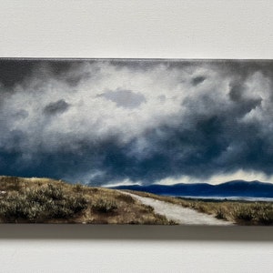 Oil painting PRINT on stretched canvas. 6x12 inches stormy sky over high desert walking path rain clouds art print