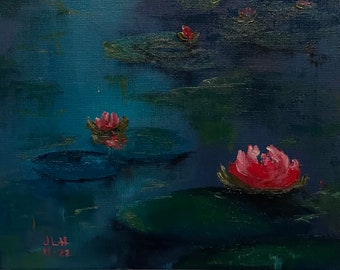 5x7 inch original oil painting affordable original art impressionist waterlilies water scene landscape