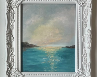 Framed 8x10 in oil painting beach scene seascape lake pond painting nature scene sunset landscape art collectible art wall hanging fine art