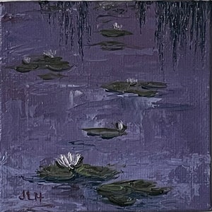 Moody Textured original oil painting impressionist water lilies palette knife painting lily pads floral art decor collectible gift 3x3 in