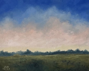 8x10 in Original impressionist oil painting sunset sky over meadow fields trees canvas art impressionistic landscape cloudscape original art