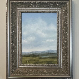 Framed original impressionist oil landscape painting. 5x7 in large sky over high desert with ornate custom frame home decor wall decor gift