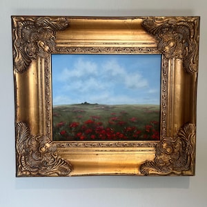 Impressionistic landscape Framed Original oil painting field of poppies sky and clouds over  meadow red poppy wildflowers home decor 8x10 in