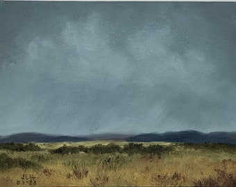 5x7 inch Original oil painting impressionist landscape stormy sky rain clouds over farmland pasture grasslands field wall hanging home decor