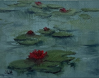2.5x3.5 in Original oil painting impressionist waterlilies  floral painting wall art decor lily pond at twilight affordable art fine art