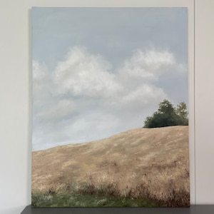 Impressionist original oil painting on stretched canvas landscape meadow hills with trees large sky cloudscape French country decor 22x28 in