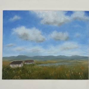 Original impressionist landscape oil painting country farmhouse on foothills wildflower meadows wall hanging home decor oil portrait gift