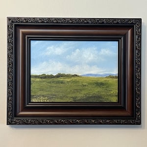 Framed original impressionist oil landscape painting. 5x7 in large sky over grassland pasture with custom frame home decor wall decor gift