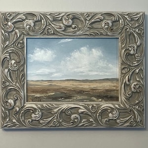 Framed original impressionist oil landscape painting 5x7 in. large sky over high desert with ornate custom frame home decor wall decor gift