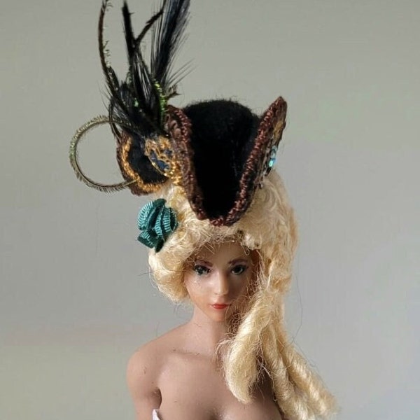 1/12th deluxe Georgian Tricorn miniature hat for Female TBL Phicen & 1/12th scale lady dolls. 1/12th Georgian high fashion drama !