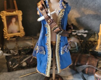 1/12th scale Miniature Pirate silk waistcoat wearable or display with option to add a  sword, belt & metal daggers made to order.