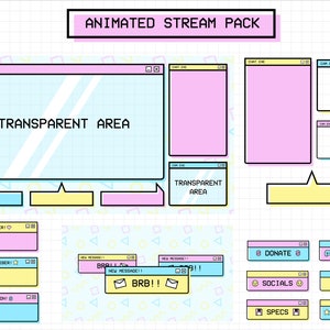 May include: A set of animated stream pack overlays in a retro 90s style with a pastel colour scheme. The overlays include a large window with a transparent area, chat boxes, and smaller overlays for new followers, subscribers, donations, and more.