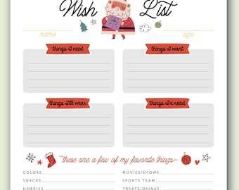 Christmas Wishlist Printable. Present Planner Cute Gift Idea List, Download, personalized gift ideas for kids, friends, family, coworkers.