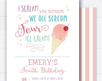 We All Scream FOUR Ice Cream, Fourth Birthday Invites, 4, Cute Ice Cream theme, Fun, Girl Birthday Party Invitations Printable or Printed