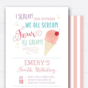 We All Scream FOUR Ice Cream, Fourth Birthday Invites, 4, Cute Ice Cream theme, Fun, Girl Birthday Party Invitations Printable or Printed