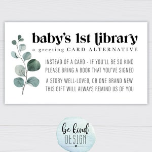 Baby's 1e bibliotheek, boekverzoekkaart, boek in plaats van een kaart, kaartalternatief, babyshoweruitnodiging bijvoegen, neem een boek mee in plaats van een kaart