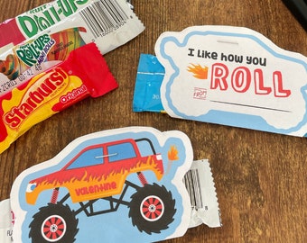 Idea de San Valentín para niño, portaetiquetas para dulces con forma de rollo de fruta, etiqueta imprimible de Hotwheels con temática de Monster Truck, tarjeta para el aula del niño