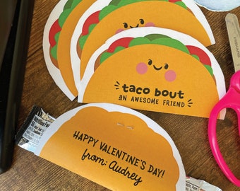 Tarjeta de San Valentín imprimible con el nombre del niño, Taco Bout an Awesome Friend, para regalar, barra de granola, rollito de fruta para San Valentín, rápida y fácil para niños