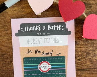 Uppskattning för lärare, Thanks a Latte-kort, presentkort för kaffeälskare, Starbucks, Scootrar, Tacka en lärare, Användbar alla hjärtans dag-present till lärare