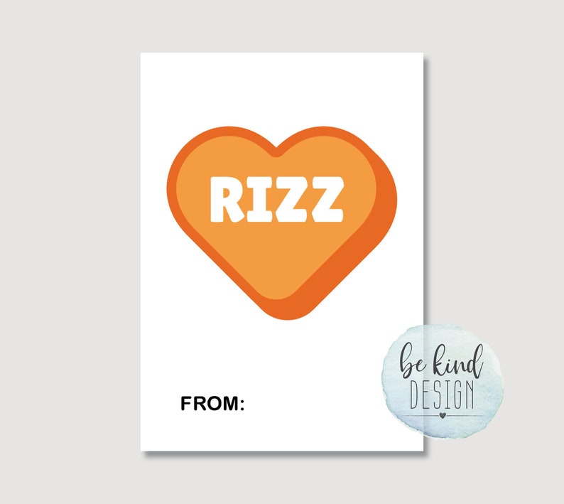 Puede incluir: Una tarjeta imprimible con un coraz&oacute;n naranja que dice "RIZZ" en letras blancas. La tarjeta tiene las palabras "FROM:" en la parte inferior.