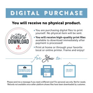 K&ouml;nnte beinhalten: Digitaler Download-Grafik mit dem Text "DIGITAL PURCHASE" in Blau und "You will receive no physical product." in Schwarz. Ein roter Kreis mit einem wei&szlig;en Pfeil nach unten und dem Text "instant DOWNLOAD" in Wei&szlig;. Der Text "for You to:" in Schwarz mit einer Linie darunter. Drei Symbole: eine blaue Wolke mit einem wei&szlig;en Pfeil nach unten und dem Text "DOWNLOAD" in Wei&szlig;, ein blaues Quadrat mit dem Text "PRINT" in Wei&szlig; und ein blauer Rahmen mit dem Text "ENJOY!" in Wei&szlig;. Der Text "Please send me a message if you need a different size! For personal use only. Not for resale. Refunds not available once seller-platform shows files have been downloaded by customer." in Schwarz.
