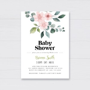 Invitación floral para baby shower, Paquete de ducha, Diseño moderno, Artículos a juego, Género neutro, Tema de diseño bonito, con inserto para pañal de solicitud de libro