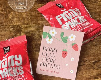 Fruit Snack Valentine Printable Tag with Name Young Child Idea Daycare Fruit Gummy Treat Birthday Favor Berry Glad Were Friends Healthy Idea