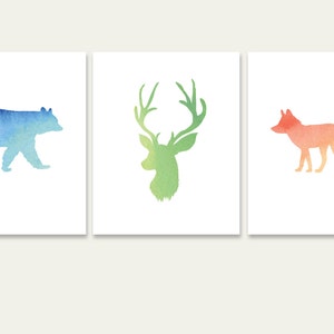 Woodland Animals, Watercolor, Art Print, Set of 3, Printable Decor, Nursery Prints, Woodland. Adventure Theme, Bear, Fox, Deer, Instant File