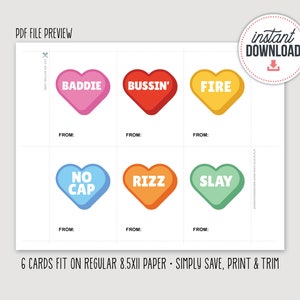 Puede incluir: Tarjetas de San Valent&iacute;n imprimibles con seis dise&ntilde;os diferentes en forma de coraz&oacute;n con t&eacute;rminos de jerga como "Baddie", "Bussin'", "Fire", "No Cap", "Rizz" y "Slay". Cada tarjeta tiene una l&iacute;nea "De:" para escribir un nombre.