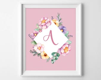 Custom Initial Art Print, Printable, Framed Nursery Print, Baby Room, Floral Theme, Watercolor Flowers, Girls Room, Personalized, Letter