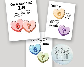 6 7 Valentine Idea for Middle schoolers think cool Six Seven Theme Cards for Gen Z Classroom Treat Exchange 67 Six to my Seven Scale of 1-5