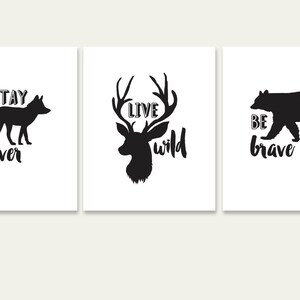 Animales del bosque, Imprimible, Lámina artística, Juego de 3, Sé valiente, Mantente inteligente, Vive salvaje, Cita artística, Decoración de guardería, Aventura, Color personalizado