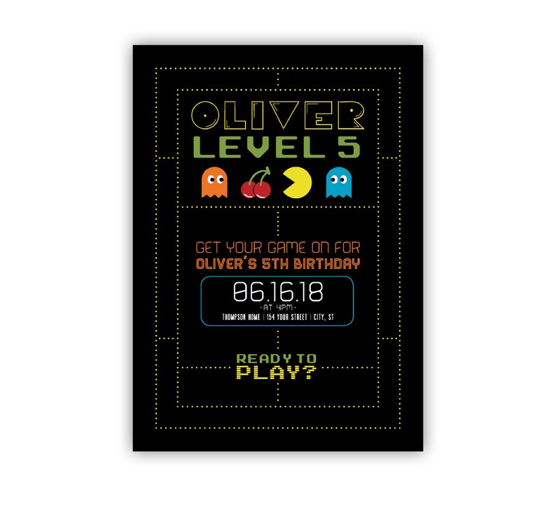 Gaming Birthday Party Invite Pac Man Game On Level Up Etsy