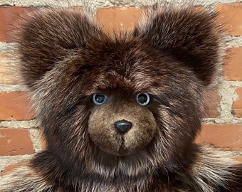 OOAK Artist Bear, Upcycled Recycled Fur, Frosted Grey Raccoon Fur Teddy Bear, Plush Fur Bear, Home Decor, Elsa, the Recycled Raccoon Bear