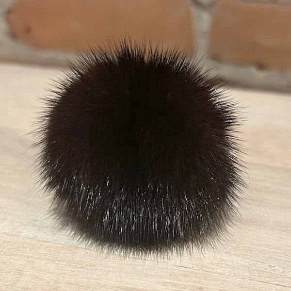 Natural Black Mink Fur Pom, 2.5-Inch, Recycled Vintage Fur