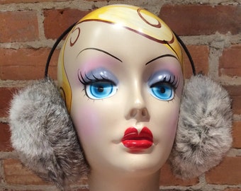 Grey Rabbit Earmuffs, Women's Winter Accessory, Vintage Recycled Fur Ear Warmers, Speckled Light Grey and Black Earmuffs, Winter Gear