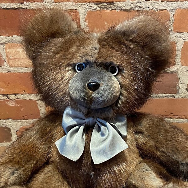 Muskrat Fur Bear, Handmade Teddy Artist Bear, Soft Brown Beige Fur Bear, Real Recycled Fur, Leonardo, the Brown Grey