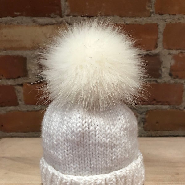 Winter White Faux Fur Pom Pom Knit Hat Pom, Small 3.5-Inch Warm Fur Hat Bobble for Baby's Knits, Warm White Faux Fur Hat Bauble, Detachable